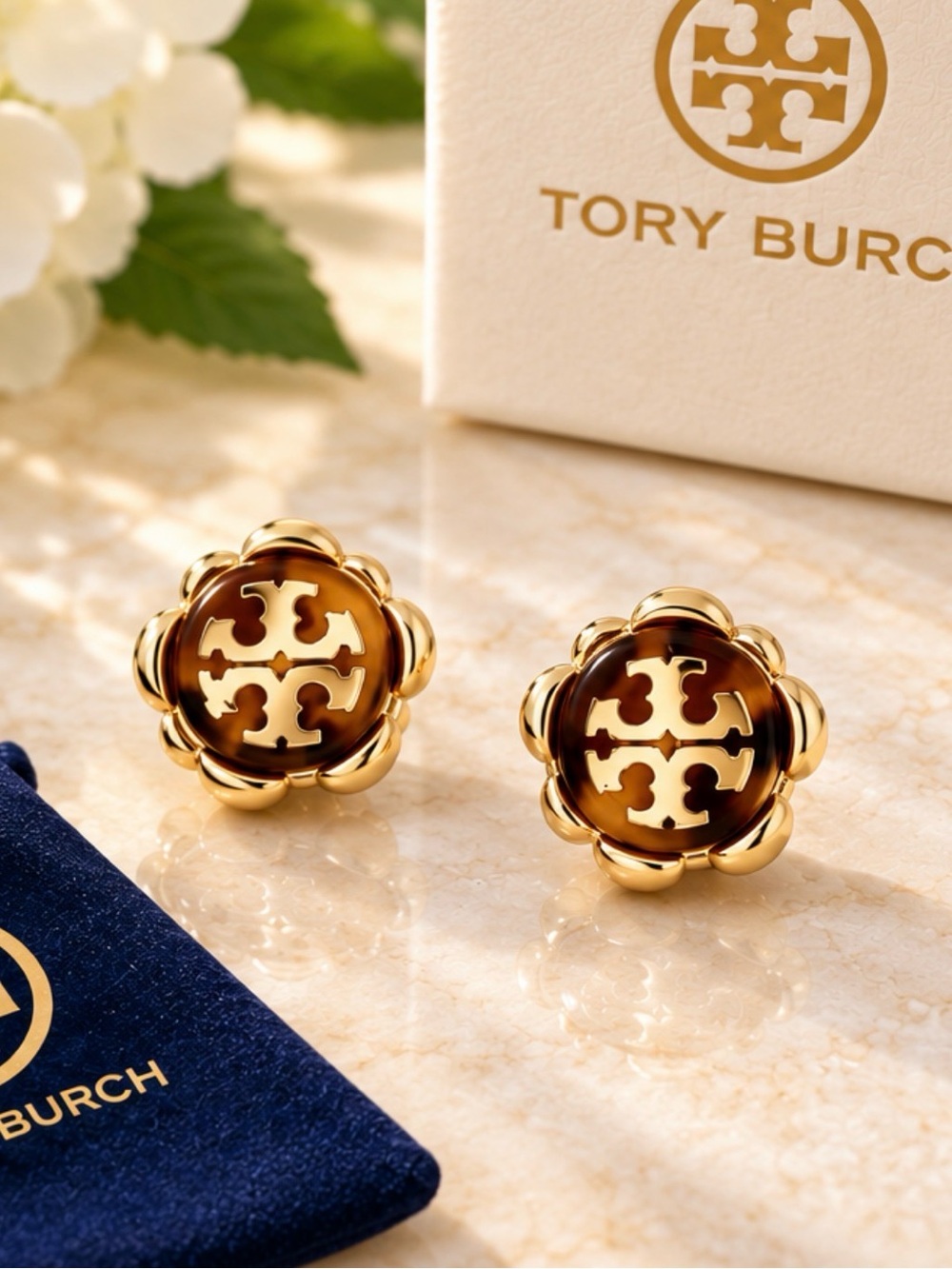 Tory Burch Gold Tone Tortoiseshell Double T Logo Stud Earrings